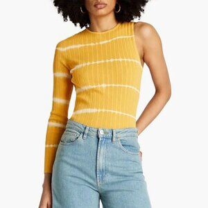 New Sandro Bali One-Sleeve Striped Ribbed Knit Top Sweater Asymmetrical Shirt